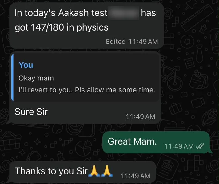 WhatsApp message from a parent: her son scored 147 out of 180 in Physics